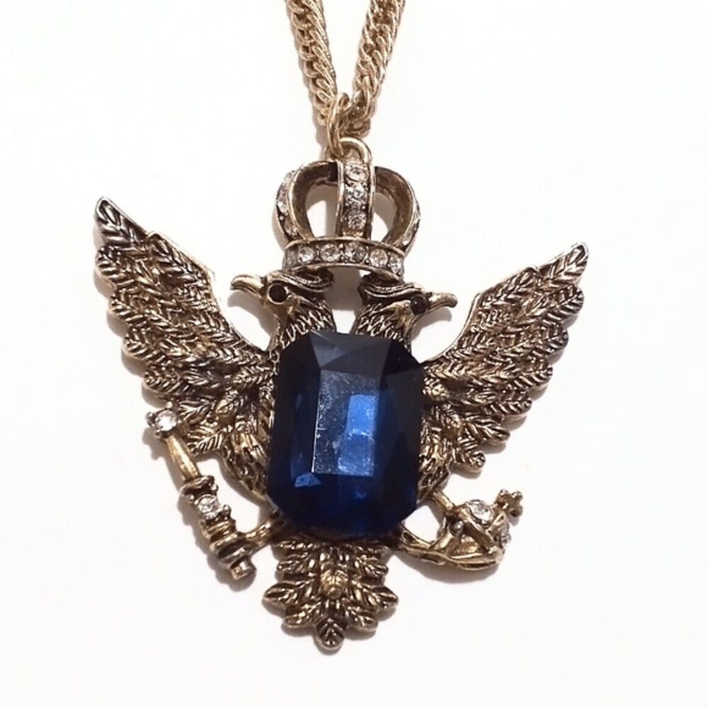 Vintage Gold Tone Rhinestone Double Eagle Pendant Necklace
